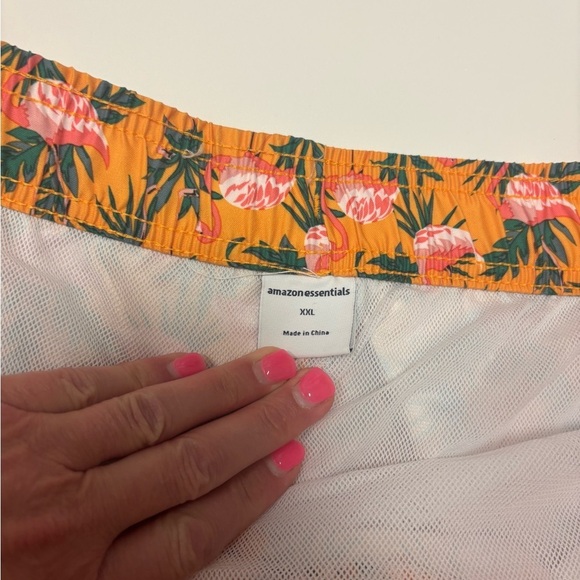 Men’s Flamingo Print Swim Trunks | Tropical Orange Shorts - Picture 3 of 4